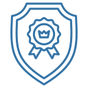 Blue outlined shield containing a rosette award with two ribbons and a small checkmark in the centre.