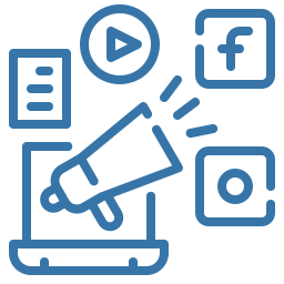 Blue line-art icon showing a laptop with a megaphone and social icons (play, Facebook, Instagram) representing digital marketing.