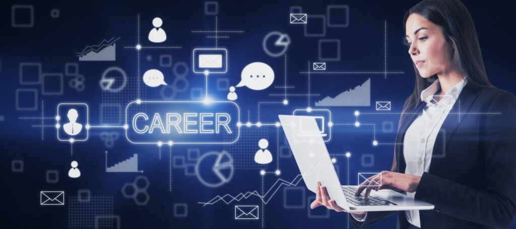 Businesswoman in a suit using a laptop beside glowing CAREER network graphics with icons for messages, users and charts.