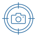 Blue outlined camera icon centered inside concentric circular target with crosshair lines.