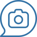 Blue chat-bubble outline containing a simple camera icon, representing a photo or image message.