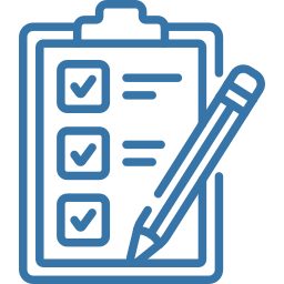 Clipboard showing a three-item checklist with checkmarks and a pencil poised to write, blue line icon