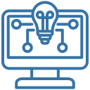 Desktop monitor icon showing a lightbulb with circuit lines symbolising tech innovation.