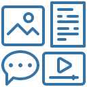 Grid of four blue icons showing a photo, a text document, a speech bubble with ellipsis, and a play button.