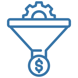 Blue outline icon of a funnel with a gear at the top and a dollar-sign coin emerging from the bottom.