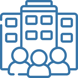 Blue line-art office building with three person silhouettes standing in front