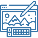 Browser window with a landscape image (mountains and stars) overlaid by a pencil and keyboard, symbolising image editing.