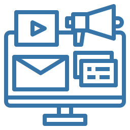 Computer monitor displaying a megaphone, play button, envelope and two cards, representing digital marketing and communication