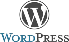 WordPress logo showing a stylised W inside a dark circular emblem above the blue and grey WordPress wordmark.