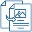 Overlapping document icons, front one shows an image thumbnail and text with a curved arrow pointing to it.