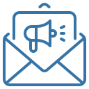 Blue outline envelope containing a megaphone with sound lines, symbolising an email announcement or marketing newsletter.