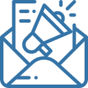 Open envelope with a megaphone emerging and notification lines, symbolising an email announcement