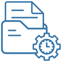 Blue outlined folder with documents and a cogwheel containing a small clock, suggesting scheduled or automated file management.