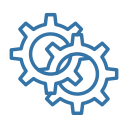 Stylised pair of interlocking blue outlined gears with segmented teeth.
