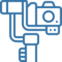 Blue line-art icon of a camera mounted on a handheld gimbal stabilizer.