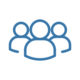 Blue outlined icon of three stylised person silhouettes with a larger central figure