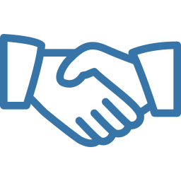 Blue outline handshake icon of two stylised hands clasping with cuffed sleeves.