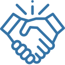Two stylised blue hands shaking with radial lines above, symbolising partnership or agreement.