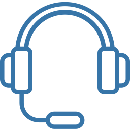 Blue outlined over-ear headset with rectangular earcups and an attached boom microphone.