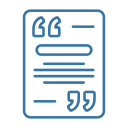 Blue outline quotation-box icon with opening and closing quote marks and three horizontal text lines