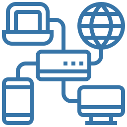 Blue outline network diagram showing laptop, smartphone, desktop, router and globe connected by lines