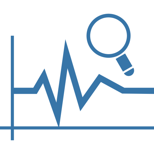 Blue magnifying glass inspecting a jagged heartbeat waveform on a graph with vertical and horizontal axes.