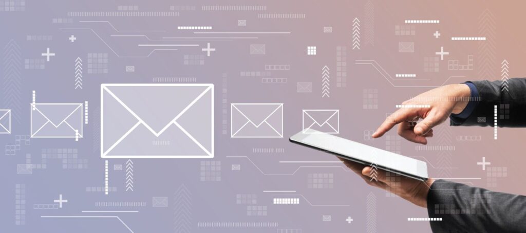 Business hand tapping a tablet with floating envelope icons and abstract tech graphics on a purple background