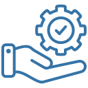 Outlined blue hand holding a gear with a checkmark inside, symbolising quality assurance or service.