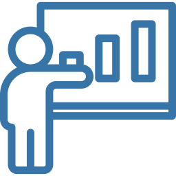 Simplified icon of a person pointing to a presentation board displaying a three-bar chart