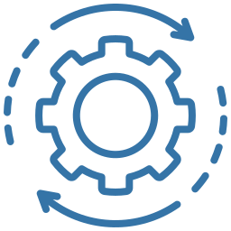 Blue cog with dashed circular arrows encircling it, suggesting rotation, refresh or an ongoing process.
