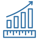 Rising bar chart with four ascending blue bars, an upward-curving arrow above and a ruler-like scale along the base indicating growth.