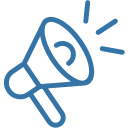 Blue outline megaphone icon with a curved arrow inside and three radiating lines indicating sound or announcement.