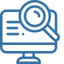 Computer monitor displaying text lines with an overlapping magnifying glass indicating search or inspection.