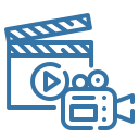 Blue line-art icon showing a clapperboard with a play button and a vintage film camera.