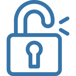 Blue outlined unlocked padlock icon with small motion lines indicating it opening.