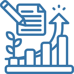 Blue outline icon of a pencil and document above rising bars, an upward arrow and small plant symbolising growth