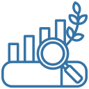 Stylised blue icon of a bar chart with a magnifying glass and a sprouting leaf representing sustainable growth analysis.