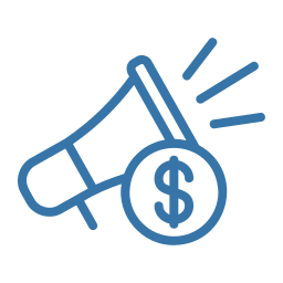 Blue outline megaphone with an overlapping coin showing a dollar sign and three sound lines.