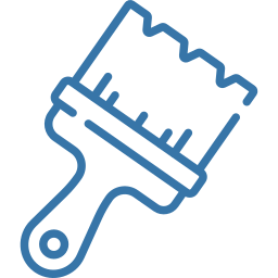 Blue outline icon of a paintbrush with a scalloped bristle edge, ferrule marks and a hole in the handle