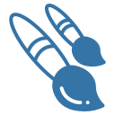 Two stylised blue paintbrushes with angled handles and rounded bristle tips.