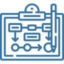 Clipboard showing a simple flowchart with connected boxes and circles and a pencil beside it.