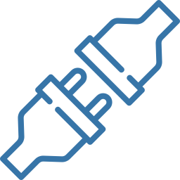 Stylised blue outline of a plug and socket connector with two prongs, shown separated and angled diagonally.
