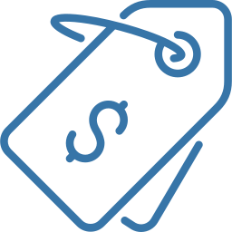 Two overlapping blue outline price tags, the front tag showing a stylised dollar sign and a looped string.