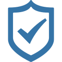 Blue shield outline with a checkmark inside, symbolising security and protection.