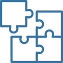 Four blue outlined jigsaw puzzle pieces interlocked to form a square-shaped icon.