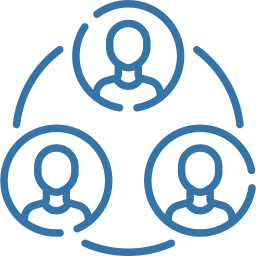 Three blue outline user avatars in circles linked by curved lines, symbolising a connected team or network.