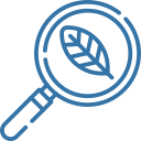 Magnifying glass outlined in blue with a stylised leaf inside, suggesting environmental search or inspection