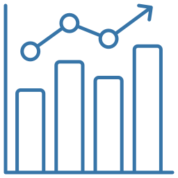 Bar chart with four vertical bars of varying heights and an upward-trending line with three points ending in an arrow
