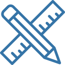 Blue outlined pencil crossed with a ruler forming an X, suggesting design or editing tools