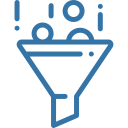 Blue outline funnel with three stylised user heads and exclamation marks above, indicating filtering or prioritisation.